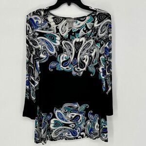 Travelers by Chicos Womens Size 2 (Large) Black Blue Paisley 3/4 Sleeve Top